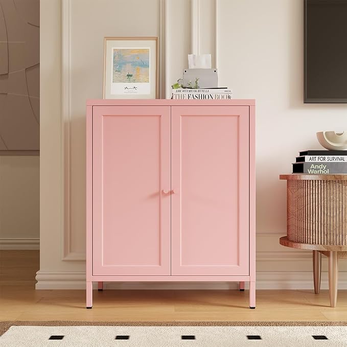 Metal Accent Storage Cabinet for Home,LivingRoom, Office,Kitchen- Metal Locker Cabinet with 1 Adjustable Shelves-Bathroom Floor Storage Cabinet Freestanding Organizer(Square Door, Pink)