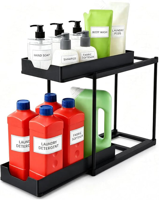 Under Sink Organizer for Bathroom & Kitchen, Large Capacity 2-Layer Sliding | Multi-purpose, 2 Tier Pull Out Sliding Drawers, Size:15.6 x 8.5 x 15.2in,Rust Resistant, Sturdy & Durable