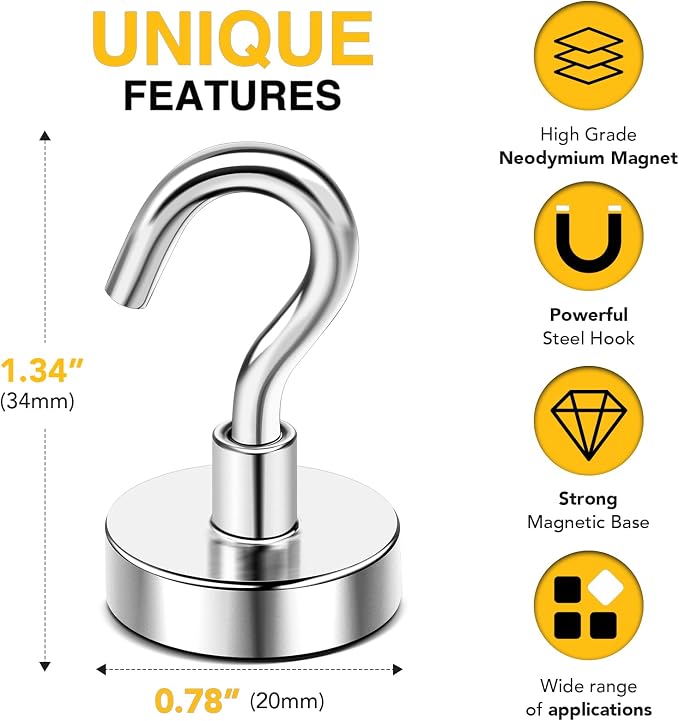 DIYMAG Magnetic Hooks 20pcs 50lbs Cruise Essentials 2026 Magnet Hook | Neodymium Heavy Duty Strong Magnets Hanging Ship Cabins Refrigerator Fridge Classroom Beach Vacation Kitchen Grills Home Tool
