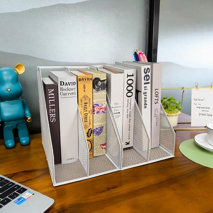 Mesh Magazine File Holder, 2 Pack Set, with Pen Holder | Sturdy Desk Organizer. 4 compartments for magazines, documents. Desktop storage for office & home. White.
