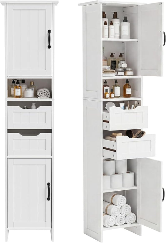 GRUSIGN 67" Tall Bathroom Storage Cabinet, Narrow Bathroom Cabinet with 2 Doors, 2 Drawers and 2 Adjustable Shelves, Slim Storage Cabinets for Kitchen, Living Room, Entryway, White