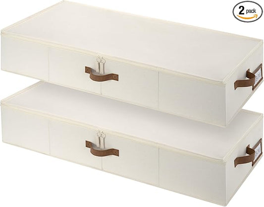 StorageWorks Underbed Storage Containers with Lids, 2-Pack 7" XL Under Bed Organizers for Clothes, Bedding and Sweaters, 73L Low Profile Fabric Storage Bins, Foldable Space Saving, Beige