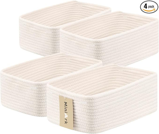 MiniArk Small Storage Baskets for Organizing | Closet Organizer Bins | Shelf Toy Basket | Woven Rope Baskets | Cube Decorative Box | Shallow Basket | 13x8.5x5.1” | 4 Packs Off White