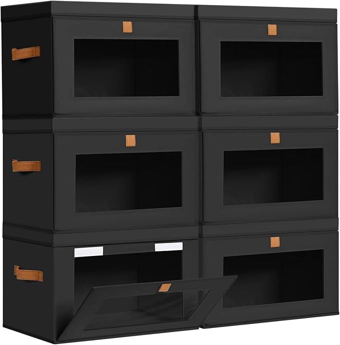 DIMJ Storage Bins with Lids - 6 Pack Large Fabric Closet Organizer with Window & Handles, Collapsible Decorative Storage Boxes for Shelves Under Bed, Books Clothes Blankets Sweaters Organization