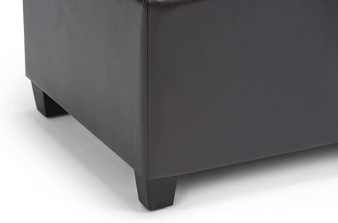 SIMPLIHOME Avalon 35" Wide Vegan Leather Storage Ottoman in Denim Blue | Transitional ottoman with tufting and lift-up lid; rectangle storage bench for living room or entryway.