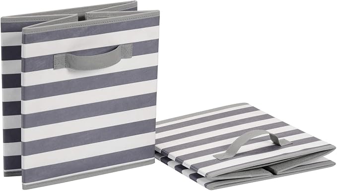 Amazon Basics Collapsible Fabric Storage Bins with Handles, Cube Organizer for Organizing, 13"x13"x13", White/Light Grey Stripe, 6-Pack