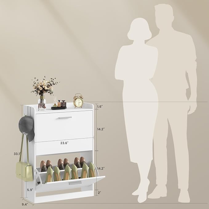 Shoe Storage Cabinet for Entryway with 2 Flip Drawers, 23.6" W White | Freestanding shoe storage cabinet for entryway,foyer and hallway,slim design and space-saving flip drawers