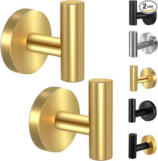 Kruodop Towel Hooks for Bathroom,2 Packs Wall Mount Towel Holder,Gold Matte Wall Robe Hook,Stainless Steel Heavy Duty Door Hanger Towel Hook for Kitchen, Bedroom,Hotel,Pool,Coats and Keys