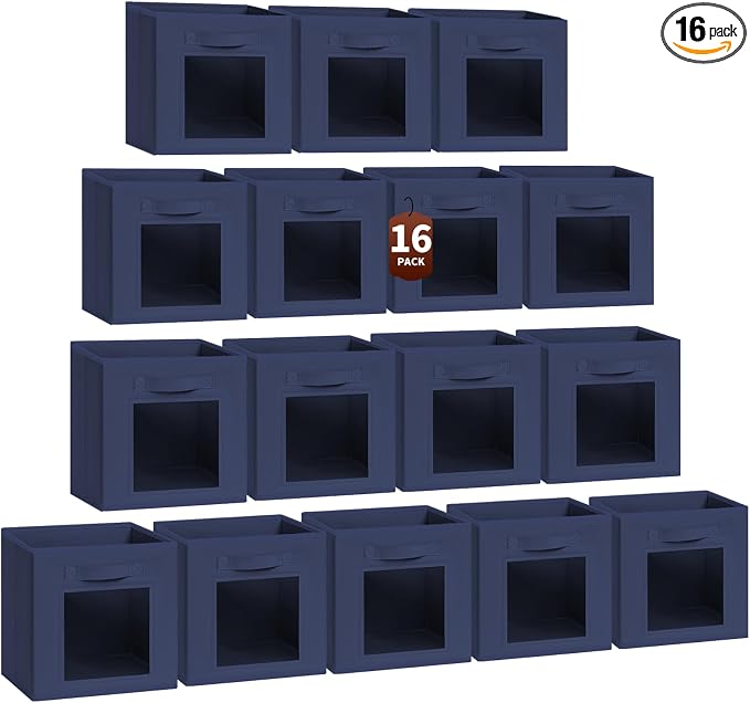 Storage Cube 11 Inch - Cube Storage Bins with Window, Closet Storage Baskets with Handle, Fabric Bins for Closet, Shelves, Toys, Clothes, Set of 16, Navy Blue