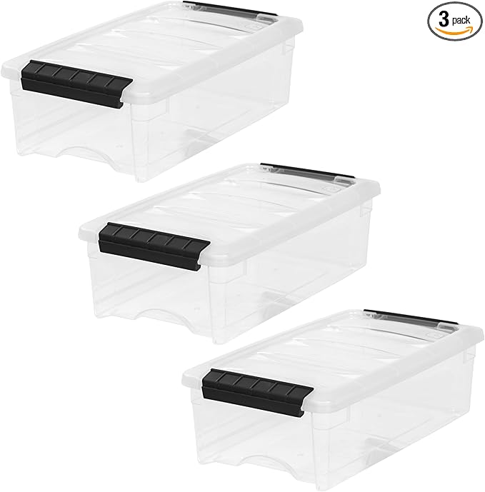 IRIS USA 3-Pack 6 Quart Storage Bins with Lids, Clear/Black | Black finish conceals stored items. Ideal for shoes, photos, documents, and small essentials. Nestable design saves space