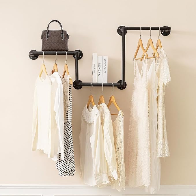 Industrial Pipe Clothing Rack, Wall Garment Rack, Hanging Clothes Rack | Heavy Duty Iron Clothes Bar/Rod, Space-Saving Clothing Hanging Rails with 2 Shelves for Closet Home Bedroom Retailer Laundry