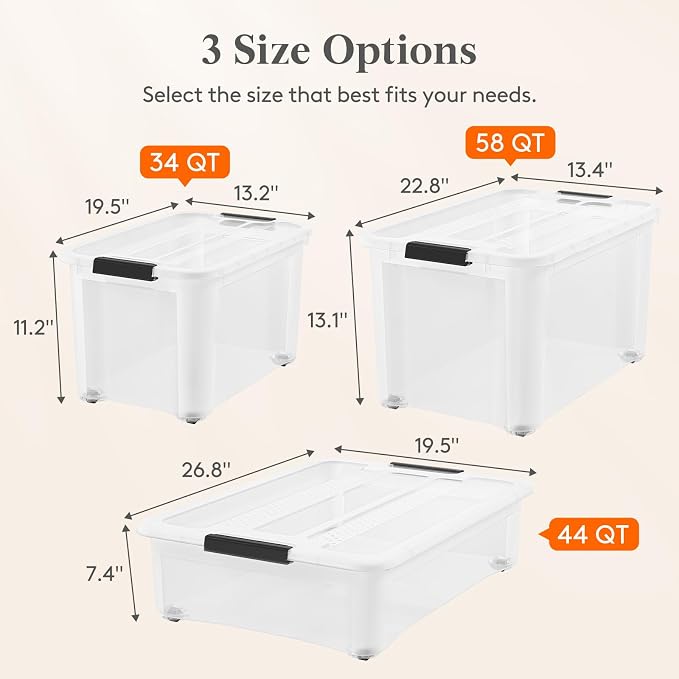 Lifewit 34Qt Storage Bins with Lids, Plastic Large Latches Boxes with Wheels, Clear Totes Tubs Container for Closet Organizers and Storage, Bedroom, Clothes, Craft, 6 Pcs