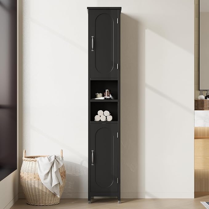 67" Tall Bathroom Storage Cabinet with Lights, Slim Narrow Bathroom Cabinet Organizer with Doors and Adjustable Shelves, Tall Cabinet for Small Space (66.9" Tall-Black with Light)