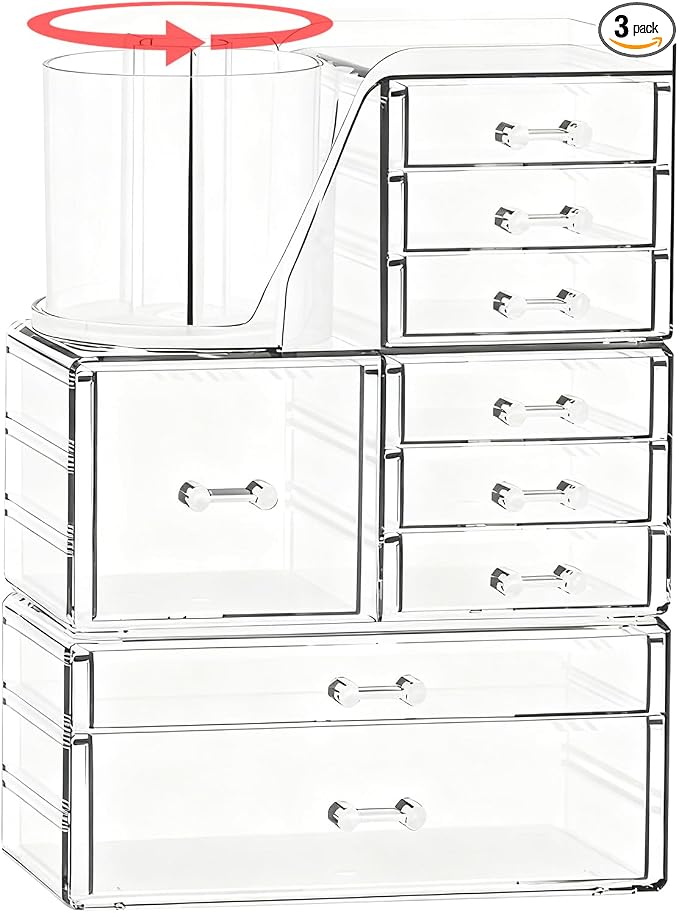 ShineMe Clear Makeup Organizer with 9 Drawers, 3 Tier Stackable Makeup Storage Organizer with Rotating Brush Holder, Acrylic Countertop Makeup Organizer for Vanity Skincare Jewelry Hair Accessories