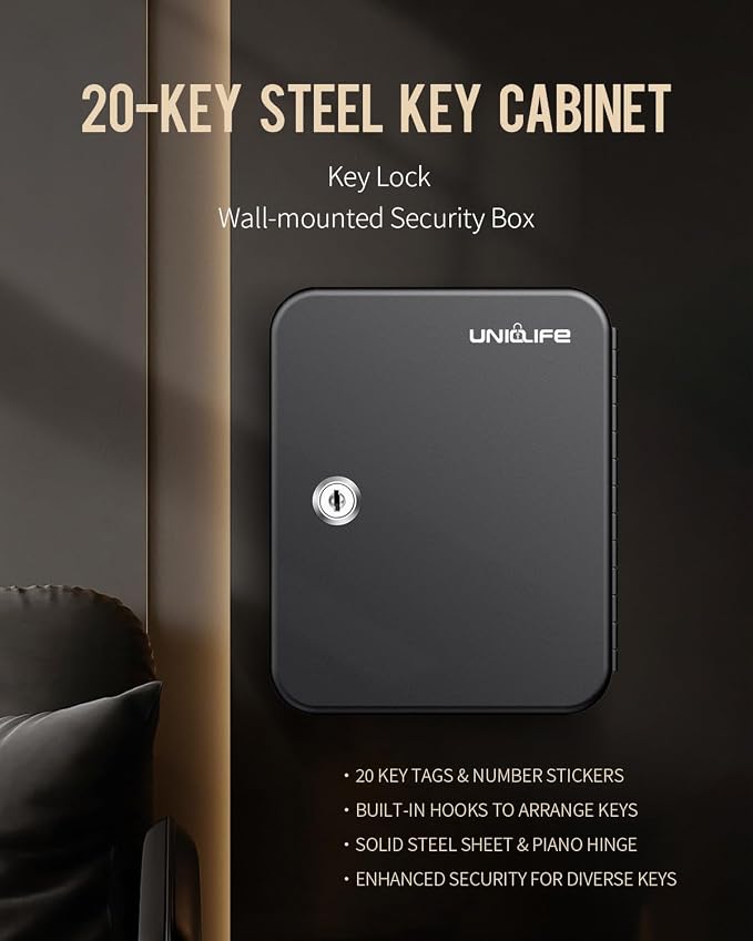 Uniclife 20 Position Key Cabinet with Key Lock Wall Mounted Black Security Storage Box Steel Key Organizer with Colorful Key Tag Labels Stickers and Hooks