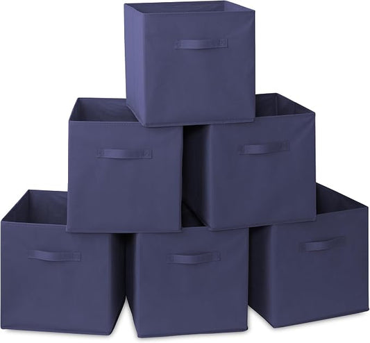 Casafield Set of 6 Collapsible Fabric Cube Storage Bins, Navy Blue - 13" Foldable Cloth Baskets for Shelves, Cubby Organizers & More