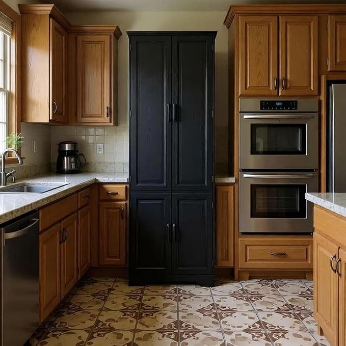 Function Home 72" Kitchen Pantry Cabinet, Tall Wood Farmhouse Storage Cabinet with Doors and Adjustable Shelves, 6 Tier Freestanding Cupboard for Kitchen Dining Room Living Room Bathroom, Black