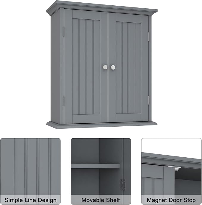 ChooChoo Bathroom Wall Cabinet with 2 Doors, Over The Toilet | 8.8"D x 21.1"W x 24"H, Medicine Cabinet, Adjustable Shelves, Cupboard, Grey