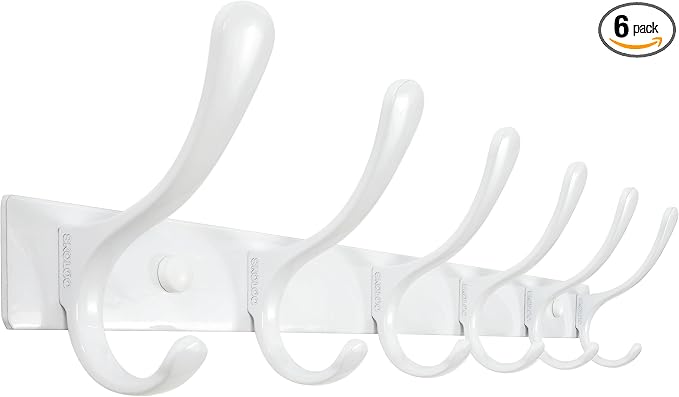 SKOLOO Heavy Duty Wall Mounted Coat Rack - 6 Hooks, Stainless Steel, Sturdy Coat Hooks for Hanging Clothes, Jacket, Hat, White