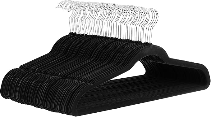 Amazon Basics Slim Velvet Non-Slip Space Saving Suit Clothes Hangers for Closet Organization, Black/Silver, 30-Pack