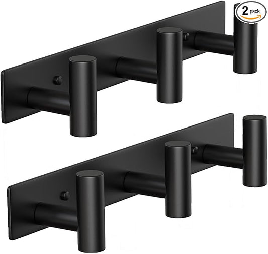 Coat Rack Wall Mounted-3 Hooks,Heavy Duty Stainless Steel Wall Hooks for Towel Coat Bag, Hat Rack Coat Hanger Coat Hooks Towel Racks for Bathroom Entryway Kitchen Hotel Office (Black, 2 Packs)