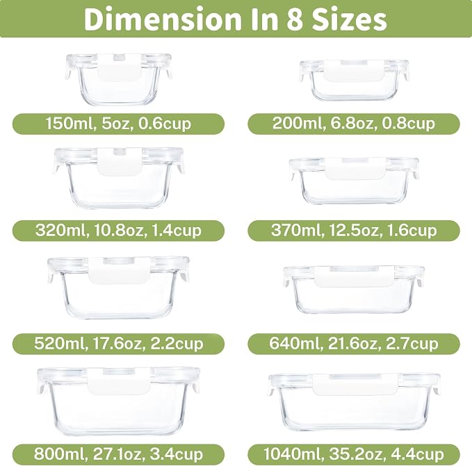 HOMBERKING 8 Pack Glass Food Storage Containers with Lids, Meal Prep Containers, Airtight Bento Boxes with Leak Proof Locking for Microwave, Oven, Freezer and Dishwasher, BPA Free, 5-35oz, white