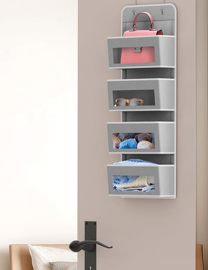 Simple Houseware 4 Clear Window Pocket Over Door Hanging Organizer, Gray | Over the Door Storage for Closet, Bedroom, Bathroom, Pantry