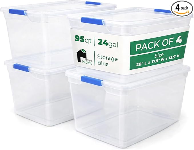 EconoHome Clear 95qt Storage Box - Heavy-Duty Tote for Organizing at Home, Office, or Garage - 24 Gallon Clear Plastic Storage Bins with Lids - Lidded Stackable Organizer Bins for Organization