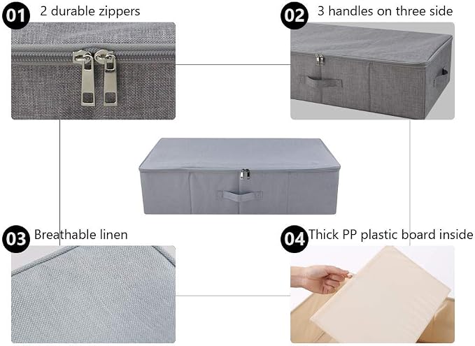 iwill CREATE PRO Folding Washable Rigid Underbed Storage Boxes with Zip Lid for Garment, Clothing, Blankets for Bedroom, College Dormroom, Wardrobe, Shelf Baskets, Pack of 3, Black Gray