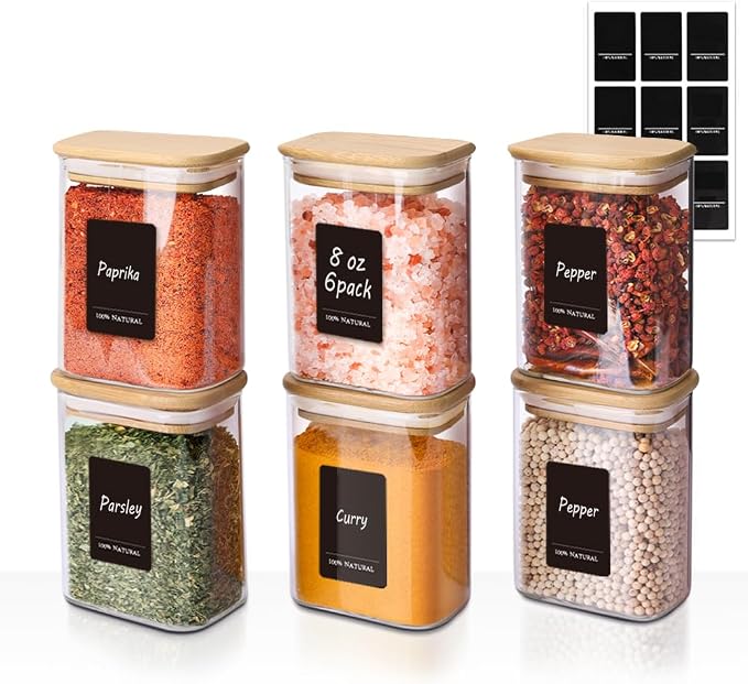 ComSaf Spice Jars 8oz Set of 6, Small Seasoning Containers with 9 Labels | Small Glass Jars With Labels, Empty Rectangle Canisters, Spice Rack Organization, Loose Tea, Herb, Powder, Dry Good, BPA Free