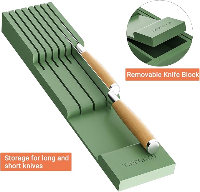 Expandable Bamboo Silverware Drawer Organizer Tray, Grayish Green | Removable Knife Block, Holds 7 Knives, Adjustable Dividers, 12.6-21.45 x 16.3 x 2.13 in, Drawer Insert for Utensils, Forks