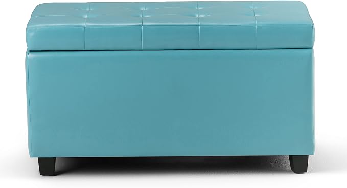 SIMPLIHOME Dover 36" Wide Vegan Leather Storage Ottoman in Grey | Transitional storage ottoman with tufting and lift-up lid; rectangle storage bench for living room or entryway.