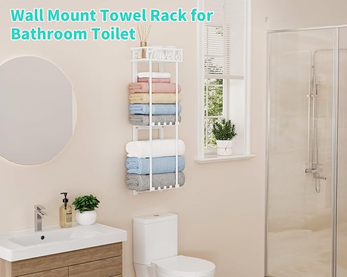 HapiRm Towel Rack Bathroom Storage - 3 Tier Over The Door & Wall Mounted Rolled Towel Racks Holder Organizer with Metal Shelf and 6 Hooks for Small Bathroom, Camper, Rv - White