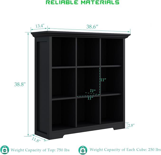 OSCHF 9-Cube Open Bookcase with Base, 3-Tier Wooden Bookshelf, Black | Curved Base, Crown Molding, Fits 11×11" Bins, Modern Storage Cabinet for Living Room, Bedroom, Home Office