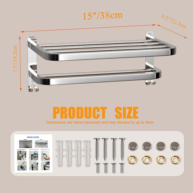 15 Inch Bathroom Towel Rack Towel Shelf with Double Towel Bars Lavatory Wall Mount Holder with Hooks Stainless Steel Hotel Bath Rack