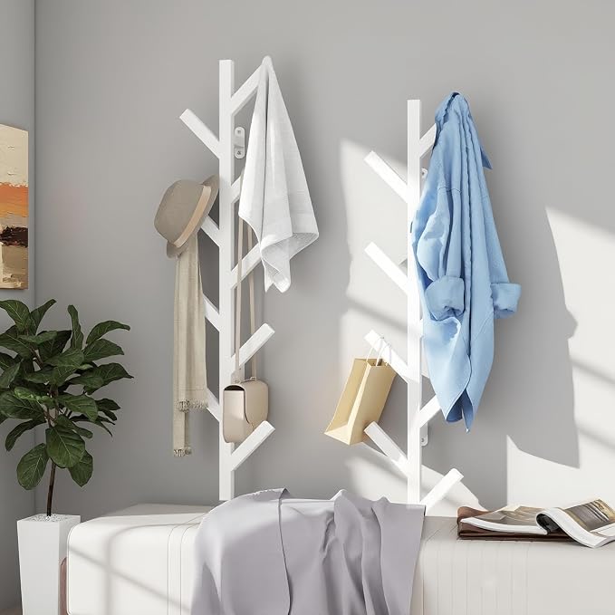 Vlush 2Pack Wall Mounted Coat Rack - 9 Hooks, Modern Metal Design, for Hats, Coats and Bags - Suitable for Entryways and Bedrooms - White (37.9" Height)