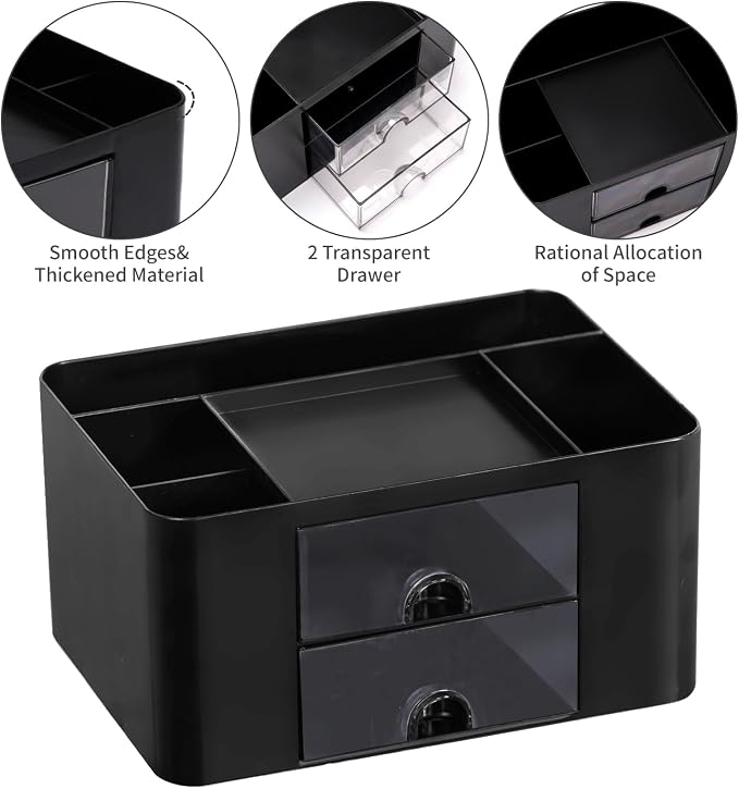 Black Desk Organizers and Accessories 12+1Pcs, Office Supplies for Desk, Pen Organizer with 2 Drawers with Stapler,1000 Staples, Phone Holder, Tape Dispenser, Pen Holder, Sticky Note, Clips, Ruler,Etc
