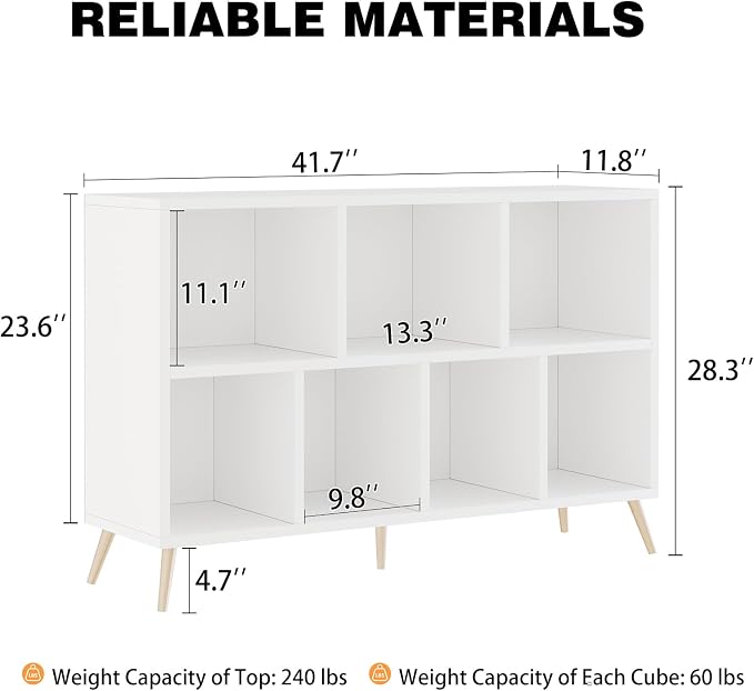 7-Cube Storage Organizer with Natural Wood Legs, Mid-Century Modern Bookcase and Display Cabinet, Freestanding Toy Storage Bookshelf for Living Room, Kids Room and Bedroom, White