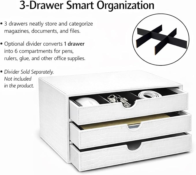 UnionBasic Document Organizer, 3-Drawer File Cabinet Document Storage Box, Office Desktop Filing Organizer, Croco White