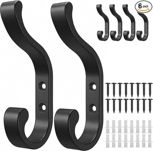bussdis Wall-Mount Coat Hooks, Heavy Duty 30LB Hooks for Hanging Coats, Bags, Backpacks, Keys, Hats – Black Metal Hooks for Wall,Door (6 Pack)