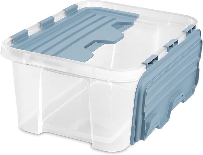 Sterilite Hinged Lid Storage Box Plastic Container, 20 Quart, 6-Pack | Washed Blue - Home Organizer Tote for Storing Shoes, Crafts, Clothing, or Decor