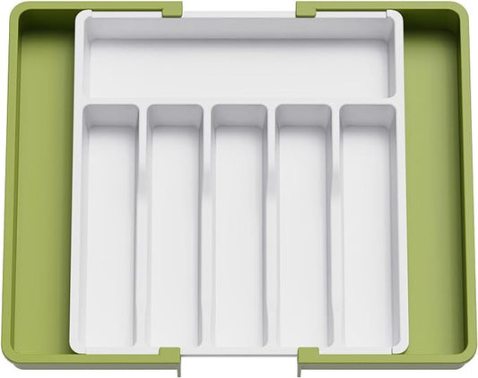 Lifewit Extra Large Silverware Drawer Organizer, Expandable Utensil Tray for Kitchen, BPA Free Flatware Cutlery Holder, Adjustable Plastic Storage for Spoons Forks Knives, 13-22 x 15, Green&White
