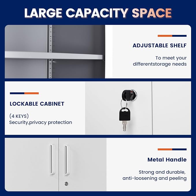 Yizosh Metal Storage Locking Cabinet with 4 Doors and 2 Adjustable Shelves,71" Lockable Garage Tall Steel Cabinet,for Home Office,Living Room,Pantry,Gym,Commercial Storage (Gray White)