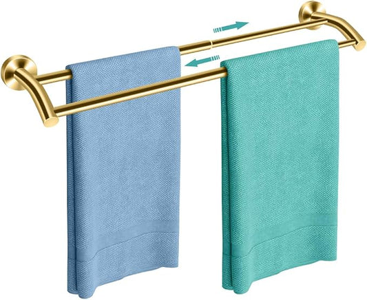 MGahyi Gold Telescopic Double Towel Bar Wall Mount 14.5-24.8Inch | Rustproof Towel Rack with Widened Spacing, Scratch-resistant & Durable for Bathroom Kitchen RV