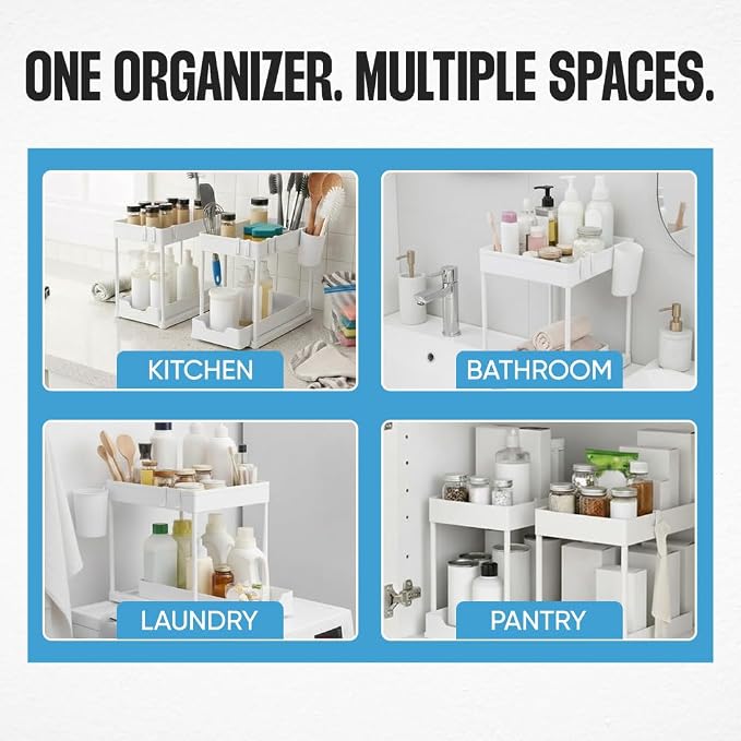 Undersink Organizer, 2-Tier Under Sink Storage Rack with Sliding Drawers for Kitchen Bathroom Cabinets, Pull Out Organizer for Pantry, Laundry Room & Closet Organization - 1 Pack, White