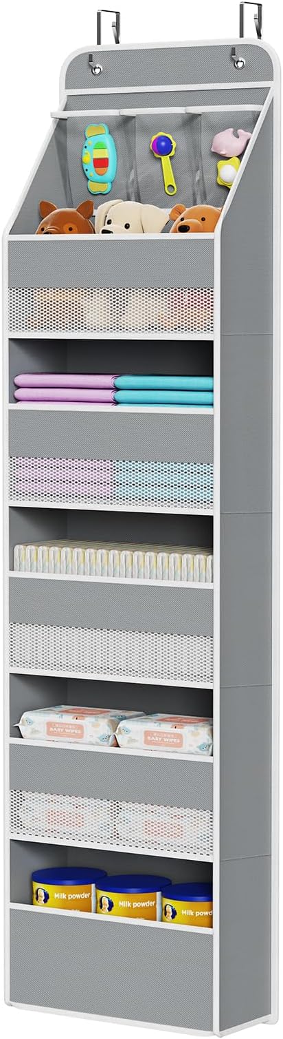 Univivi Fabric Over Door Hanging Organizer for Baby Nursery, Grey, 6-Shelf | Door Storage with Large Capacity Breathable Mesh Pockets, Over the Door Organizer for Baby Essential, Bedroom and Dorm