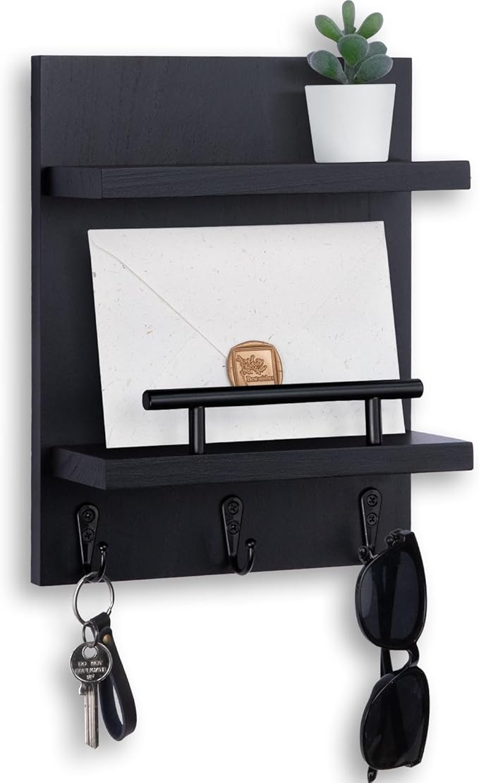 Key Holder Wall Mount, Mail Shelf Decor with 3 Key Hooks, Versatile Wood Wall Organizer for Entryway Hallway (8.2” x 10.6”x 3.6”) (Black)