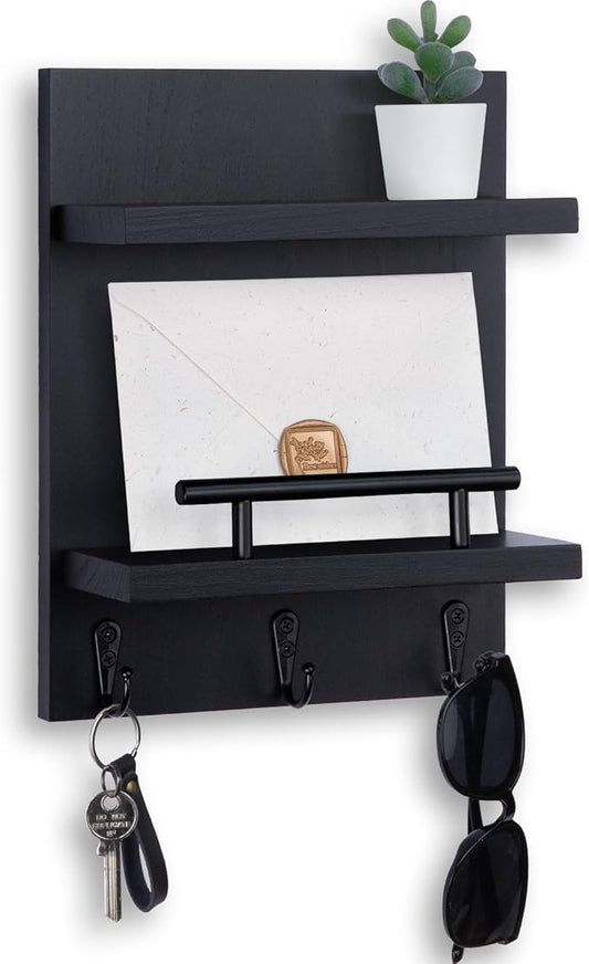 Key Holder Wall Mount, Mail Shelf Decor with 3 Key Hooks, Versatile Wood Wall Organizer for Entryway Hallway (8.2” x 10.6”x 3.6”) (Black)