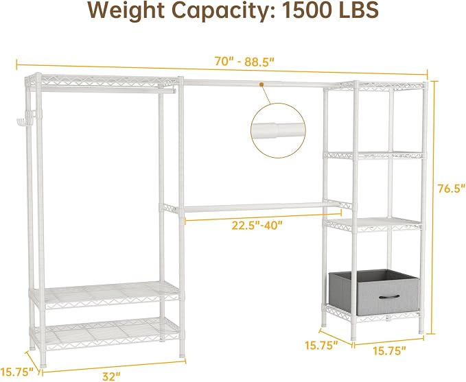 Golpart Heavy Duty Clothing Rack with Adjustable Shelves Clothes Wardrobe | Coat Rack Metal Closet Organizer and Storage Garment Rack for Hanging Clothes Wire Portable Cloth System Free Standing White