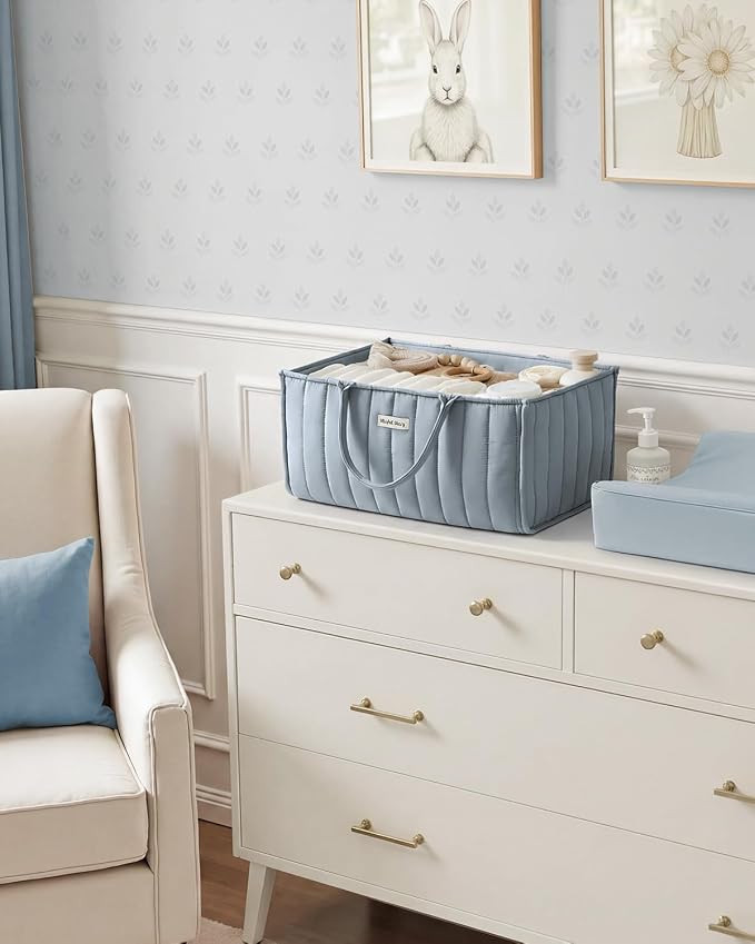Blissful Diary Baby Diaper Caddy Organizer, Stylish Storage Basket for Newborn Essentials and Diaper Station, Gift for Baby Shower and Registry Must-Have, Dusty Blue